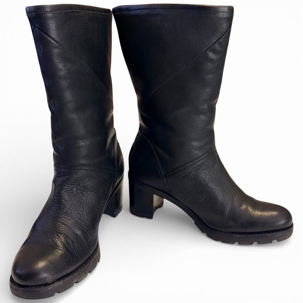 UGG Black Leather Mid Calf Boots Shearling Lined Chunky Heel Women's Size 9.5